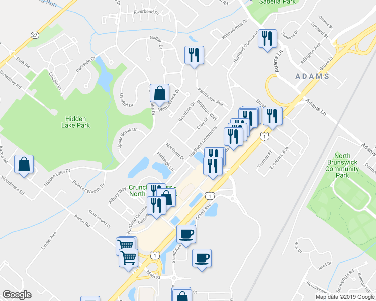 map of restaurants, bars, coffee shops, grocery stores, and more near 1 Kingston Run in North Brunswick Township