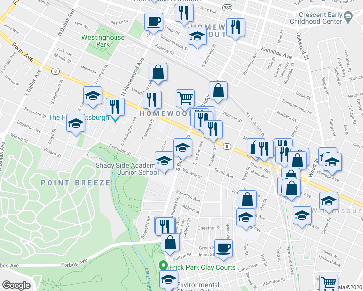 map of restaurants, bars, coffee shops, grocery stores, and more near 206 South Braddock Avenue in Pittsburgh