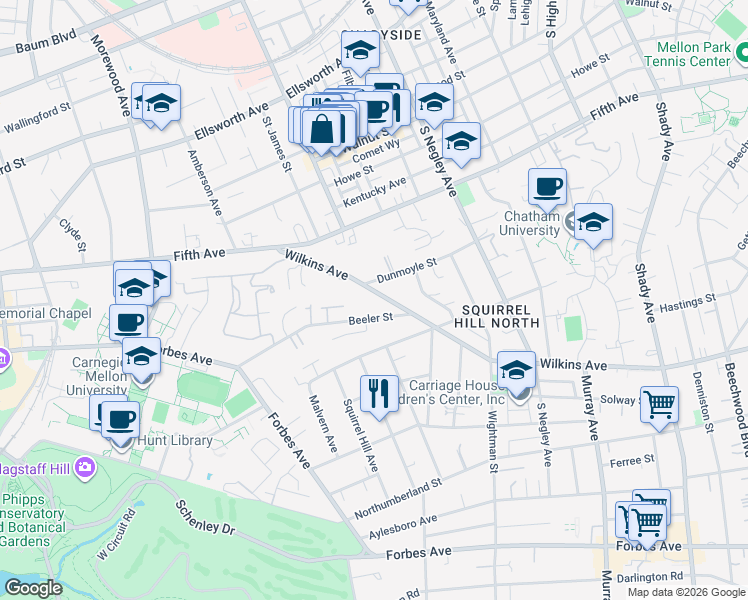 map of restaurants, bars, coffee shops, grocery stores, and more near 5402 Wilkins Avenue in Pittsburgh