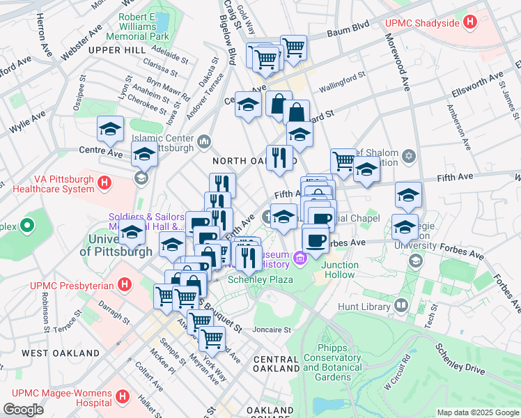 map of restaurants, bars, coffee shops, grocery stores, and more near in Pittsburgh
