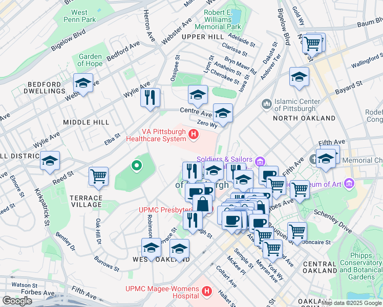 map of restaurants, bars, coffee shops, grocery stores, and more near 3634 University Doctor C in Pittsburgh