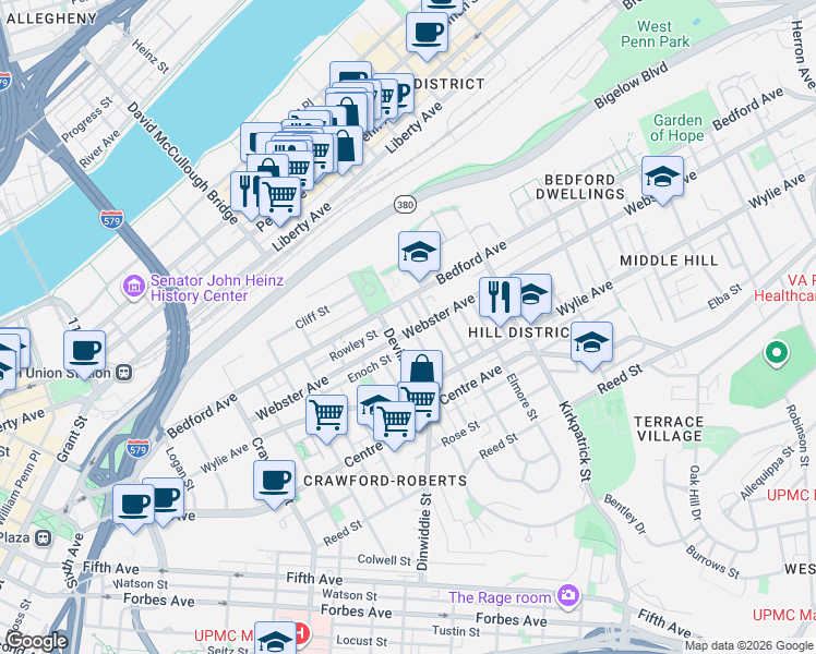 map of restaurants, bars, coffee shops, grocery stores, and more near 2011 Webster Avenue in Pittsburgh