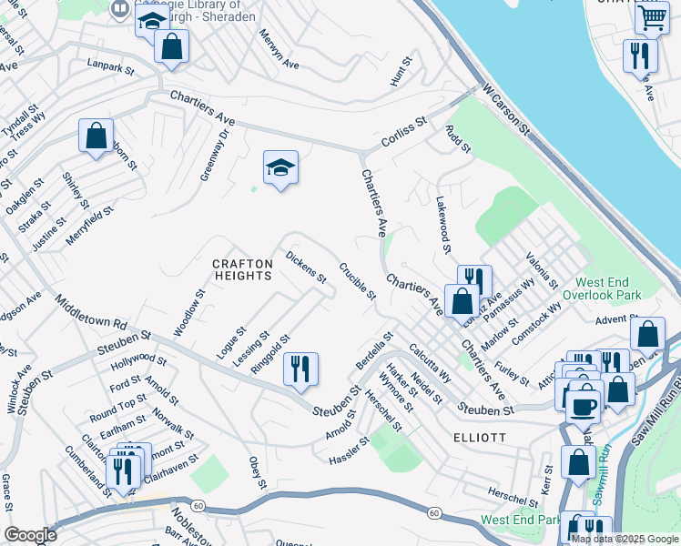 map of restaurants, bars, coffee shops, grocery stores, and more near 1249 Crucible Street in Pittsburgh