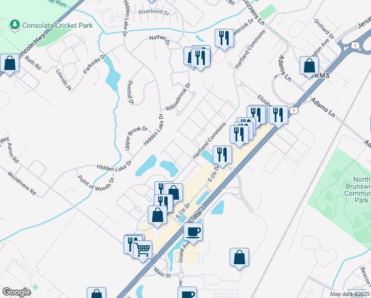 map of restaurants, bars, coffee shops, grocery stores, and more near 429 Northam Drive in North Brunswick Township