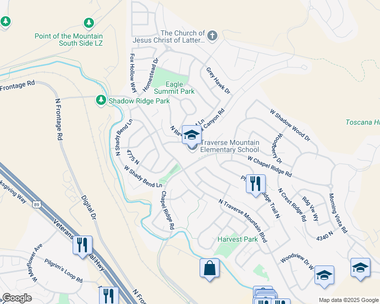 map of restaurants, bars, coffee shops, grocery stores, and more near 2500 West Chapel Ridge Road in Lehi