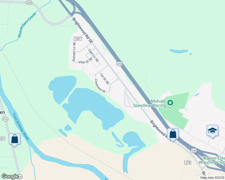 map of restaurants, bars, coffee shops, grocery stores, and more near 3446 South Avenue Southeast in New Philadelphia