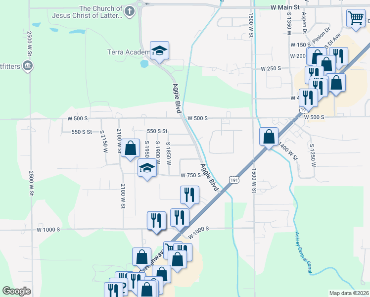 map of restaurants, bars, coffee shops, grocery stores, and more near 1789 West 624 South in Vernal