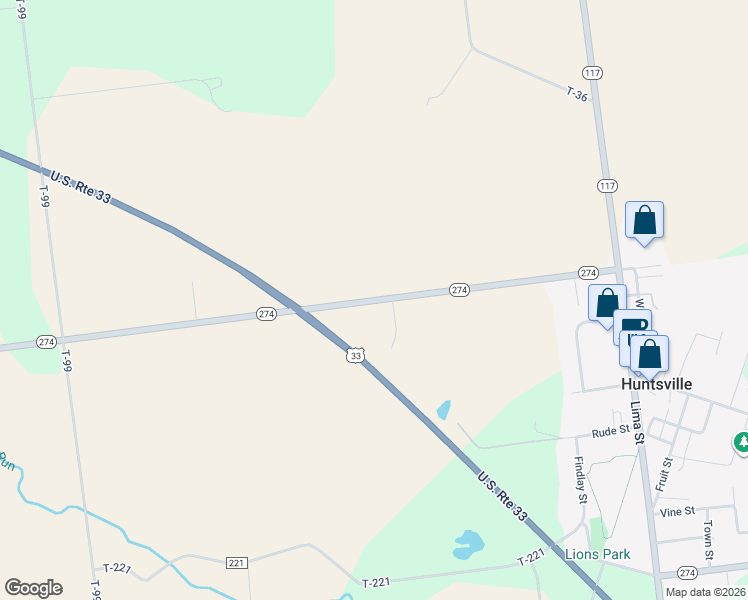 map of restaurants, bars, coffee shops, grocery stores, and more near 5504 Ohio 274 in Huntsville