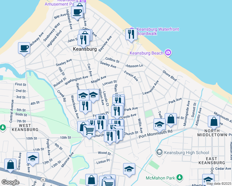 map of restaurants, bars, coffee shops, grocery stores, and more near 154 Main Street in Keansburg