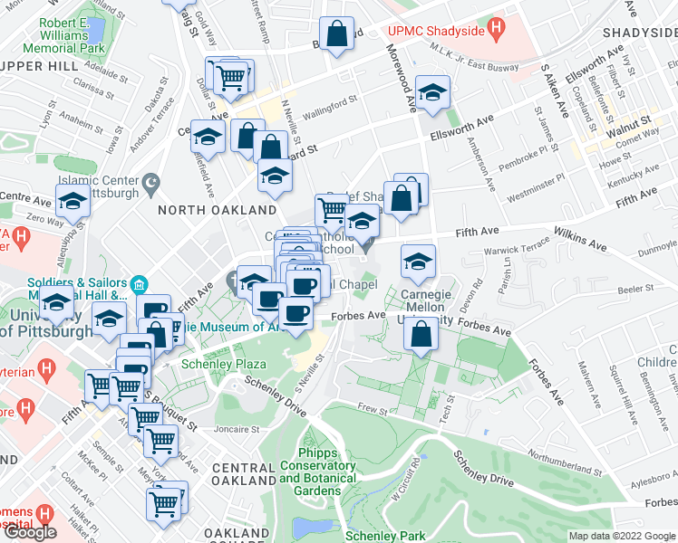 map of restaurants, bars, coffee shops, grocery stores, and more near 218 S Neville St in Pittsburgh