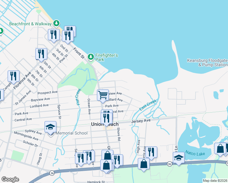 map of restaurants, bars, coffee shops, grocery stores, and more near 313 Shore Road in Keyport