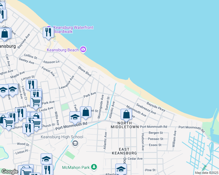 map of restaurants, bars, coffee shops, grocery stores, and more near 2 Morningside Avenue in Keansburg