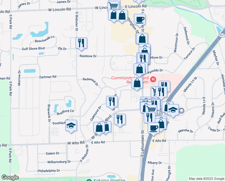 map of restaurants, bars, coffee shops, grocery stores, and more near 3511 Southlea Drive in Kokomo