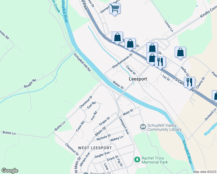 map of restaurants, bars, coffee shops, grocery stores, and more near 54 North Schuylkill Avenue in Leesport
