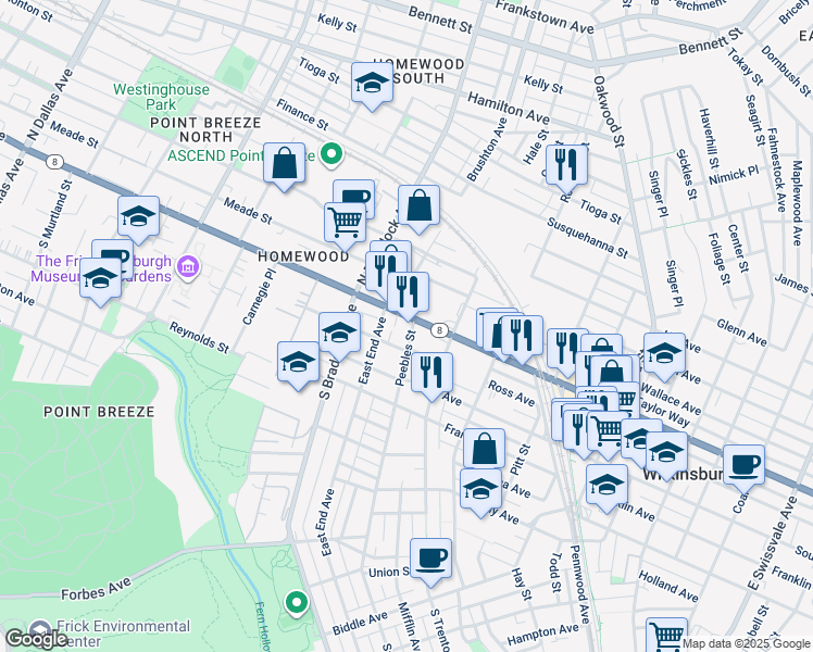 map of restaurants, bars, coffee shops, grocery stores, and more near 7750 Penn Avenue in Pittsburgh