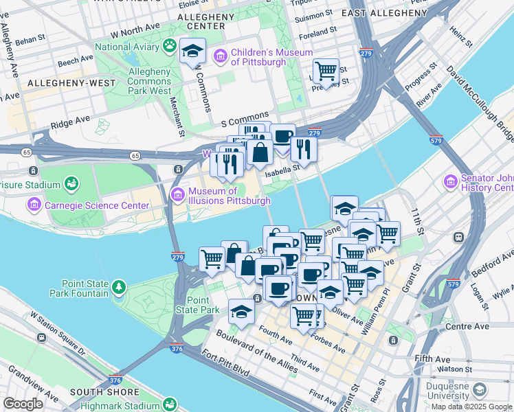 map of restaurants, bars, coffee shops, grocery stores, and more near 115 Federal Street in Pittsburgh