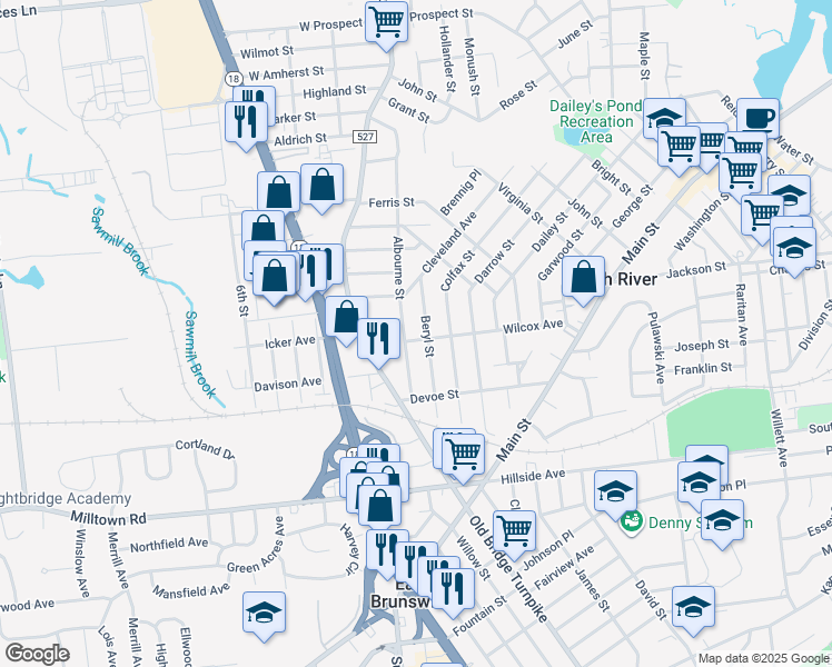 map of restaurants, bars, coffee shops, grocery stores, and more near 80 Wilcox Avenue in South River