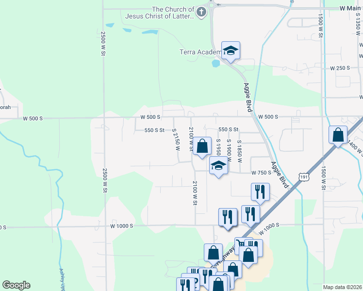 map of restaurants, bars, coffee shops, grocery stores, and more near 625 South 2150 West in Vernal