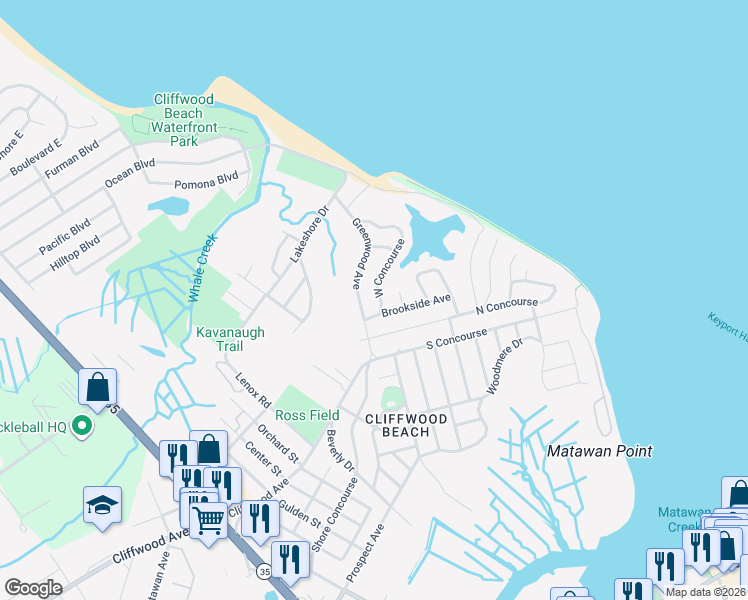 map of restaurants, bars, coffee shops, grocery stores, and more near 893 Greenwood Avenue in Keyport