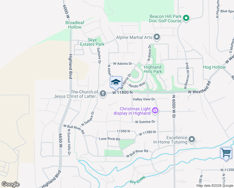 map of restaurants, bars, coffee shops, grocery stores, and more near 6250 West 11800 North in Highland