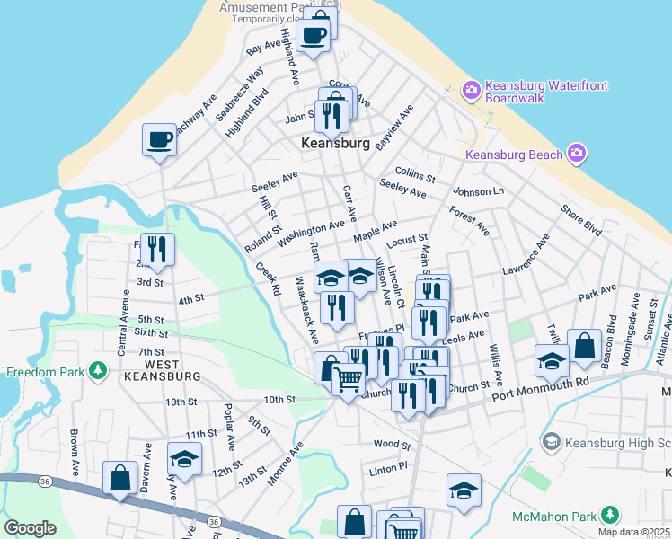 map of restaurants, bars, coffee shops, grocery stores, and more near 26 Kennedy Way in Keansburg
