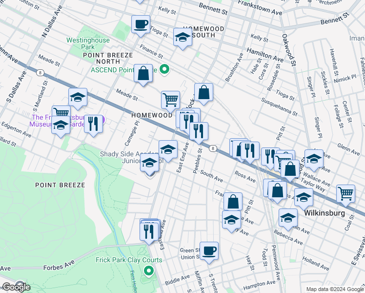 map of restaurants, bars, coffee shops, grocery stores, and more near 102 East End Avenue in Pittsburgh
