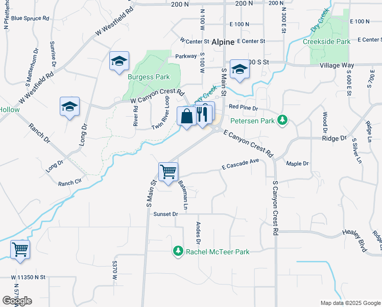 map of restaurants, bars, coffee shops, grocery stores, and more near 471 Alpine Highway in Alpine