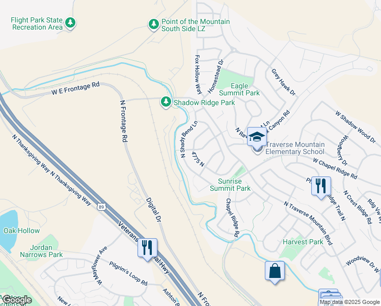 map of restaurants, bars, coffee shops, grocery stores, and more near 4767 North Shady Hollow Lane in Lehi