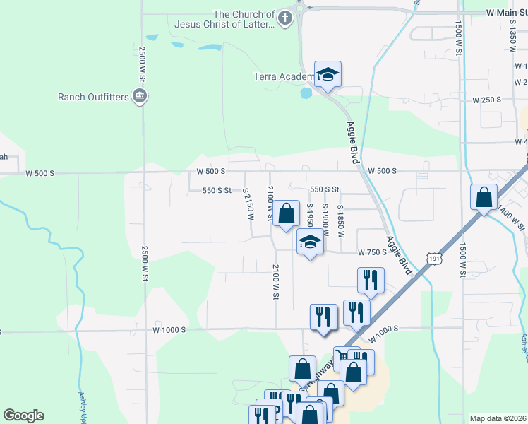 map of restaurants, bars, coffee shops, grocery stores, and more near 654 2100 West Street in Vernal