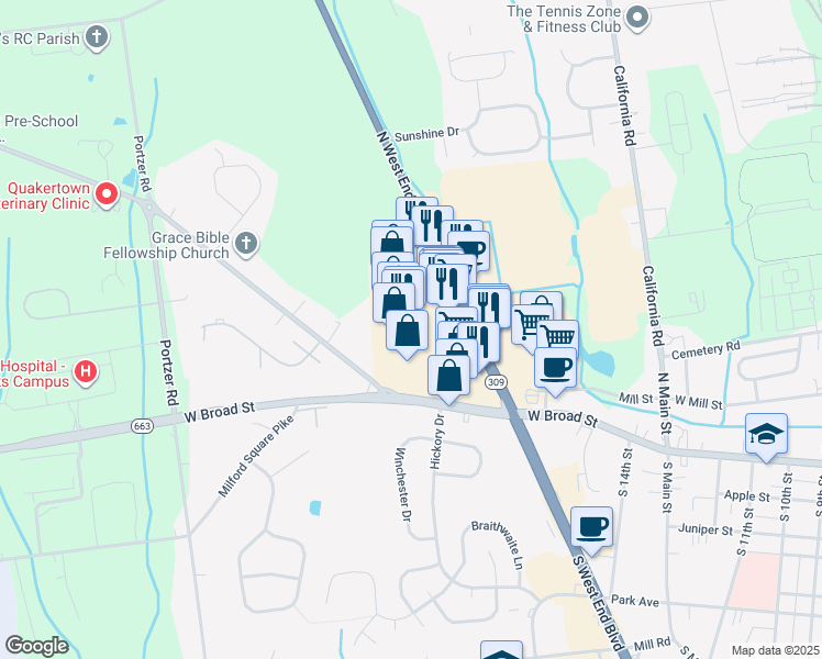 map of restaurants, bars, coffee shops, grocery stores, and more near 200 North West End Boulevard in Quakertown