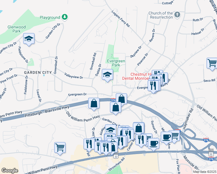 map of restaurants, bars, coffee shops, grocery stores, and more near 3831 Evergreen Drive in Monroeville
