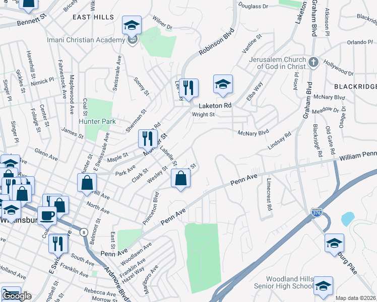 map of restaurants, bars, coffee shops, grocery stores, and more near 1740 Wesley Street in Pittsburgh