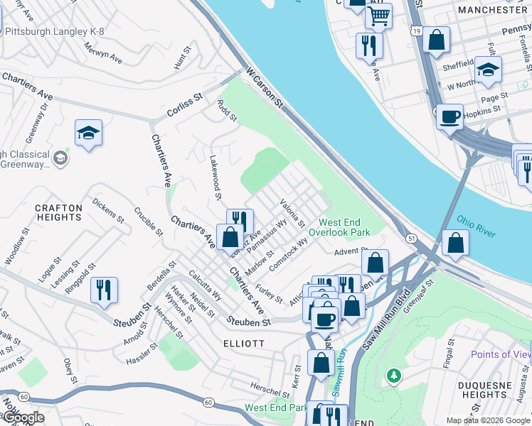 map of restaurants, bars, coffee shops, grocery stores, and more near 1012 Uvilla Street in Pittsburgh