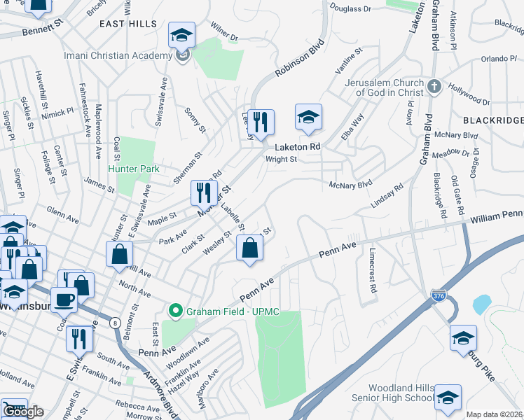 map of restaurants, bars, coffee shops, grocery stores, and more near 1740 Wesley Avenue in Pittsburgh