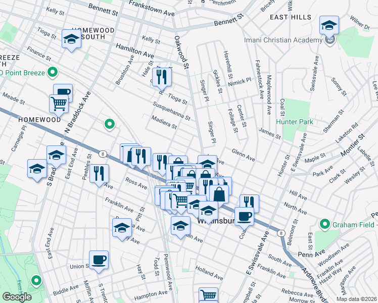 map of restaurants, bars, coffee shops, grocery stores, and more near 614 Hill Avenue in Pittsburgh