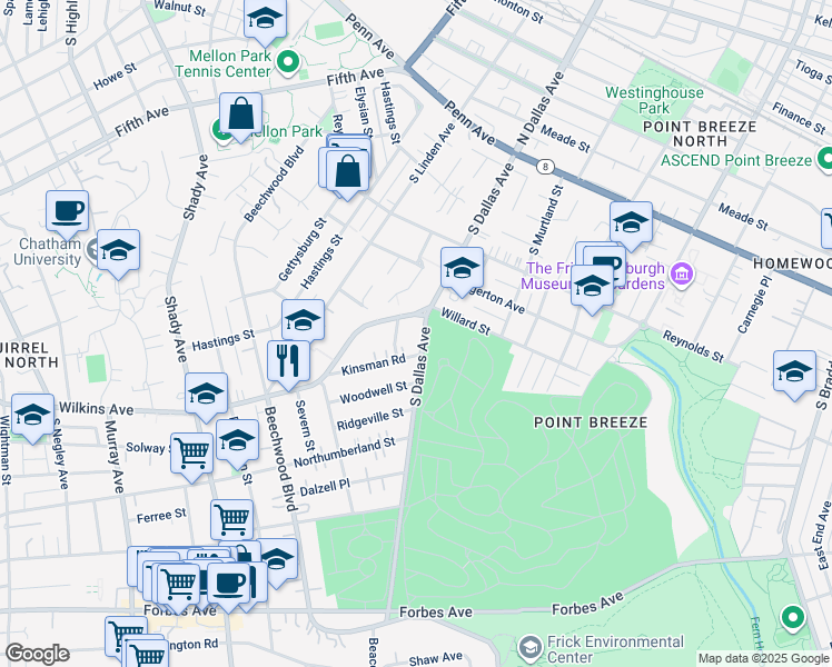 map of restaurants, bars, coffee shops, grocery stores, and more near 619 Worth Street in Pittsburgh