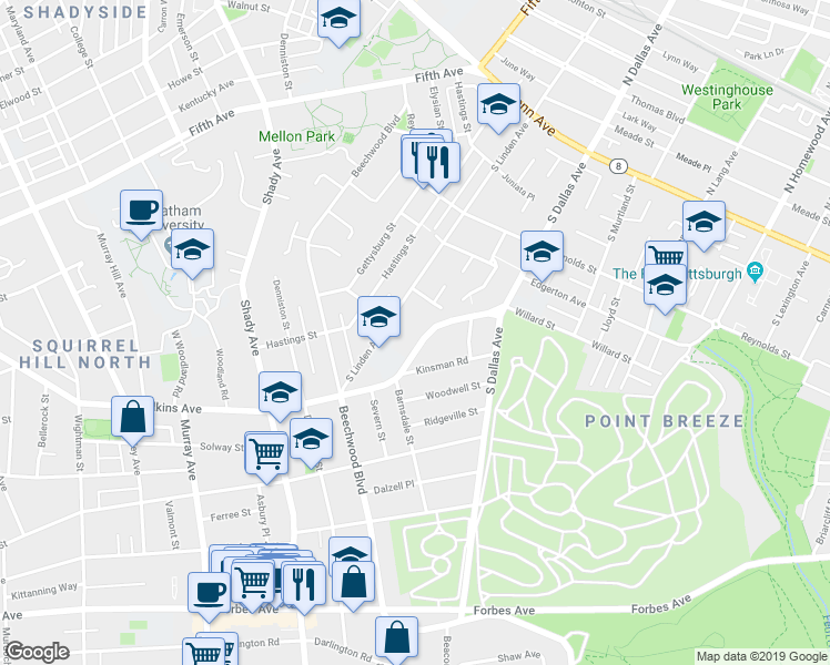 map of restaurants, bars, coffee shops, grocery stores, and more near 705 South Linden Avenue in Pittsburgh