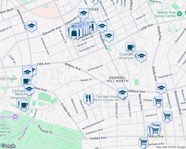 map of restaurants, bars, coffee shops, grocery stores, and more near 5442 Wilkins Avenue in Pittsburgh