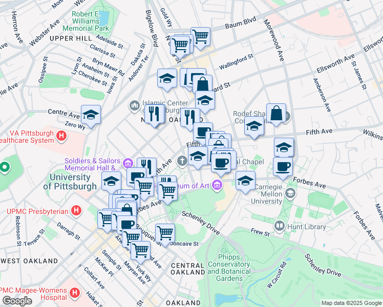 map of restaurants, bars, coffee shops, grocery stores, and more near in Pittsburgh