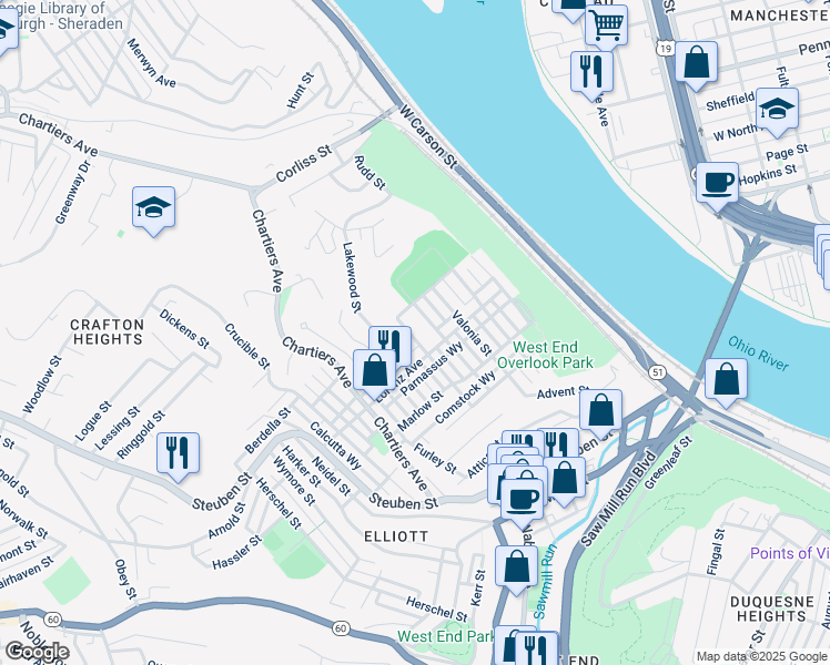 map of restaurants, bars, coffee shops, grocery stores, and more near 1012 Uvilla Street in Pittsburgh