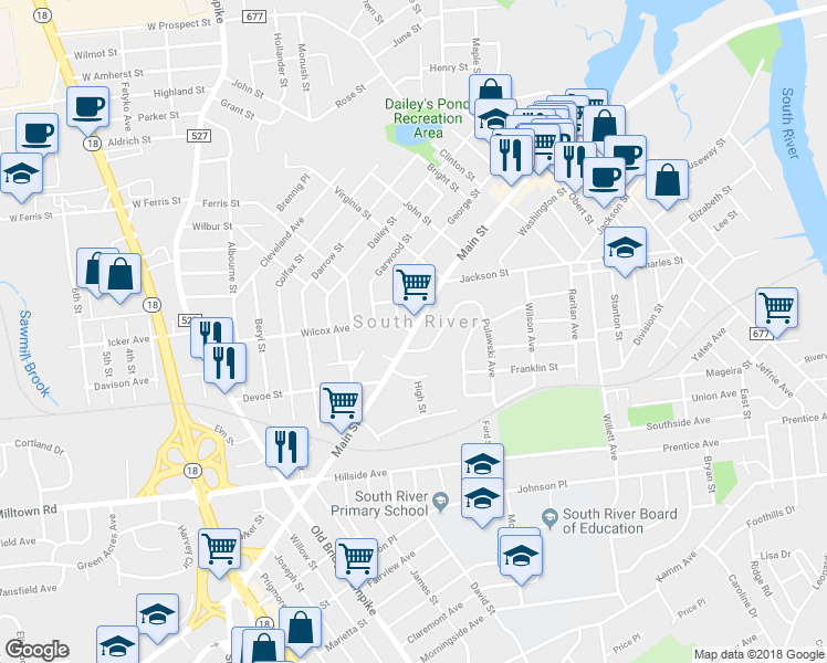 map of restaurants, bars, coffee shops, grocery stores, and more near 170 Main Street in South River