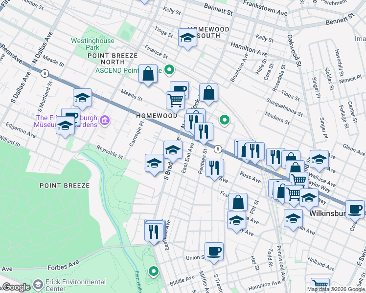 map of restaurants, bars, coffee shops, grocery stores, and more near 104 East End Avenue in Pittsburgh