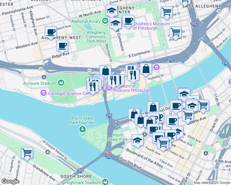 map of restaurants, bars, coffee shops, grocery stores, and more near 247 North Shore Drive in Pittsburgh