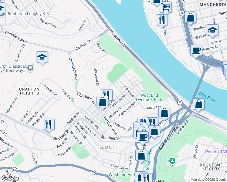 map of restaurants, bars, coffee shops, grocery stores, and more near 1012 Uvilla Street in Pittsburgh