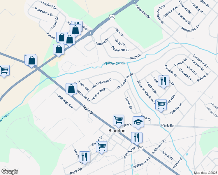 map of restaurants, bars, coffee shops, grocery stores, and more near 452 Appian Way in Blandon