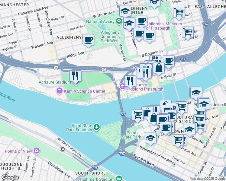 map of restaurants, bars, coffee shops, grocery stores, and more near 322 North Shore Drive in Pittsburgh