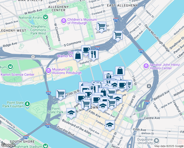 map of restaurants, bars, coffee shops, grocery stores, and more near Andy Warhol Bridge in Pittsburgh