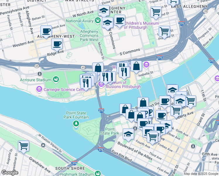 map of restaurants, bars, coffee shops, grocery stores, and more near 247 North Shore Drive in Pittsburgh