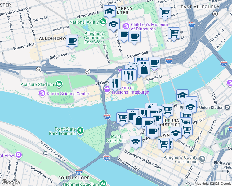 map of restaurants, bars, coffee shops, grocery stores, and more near 247 North Shore Drive in Pittsburgh