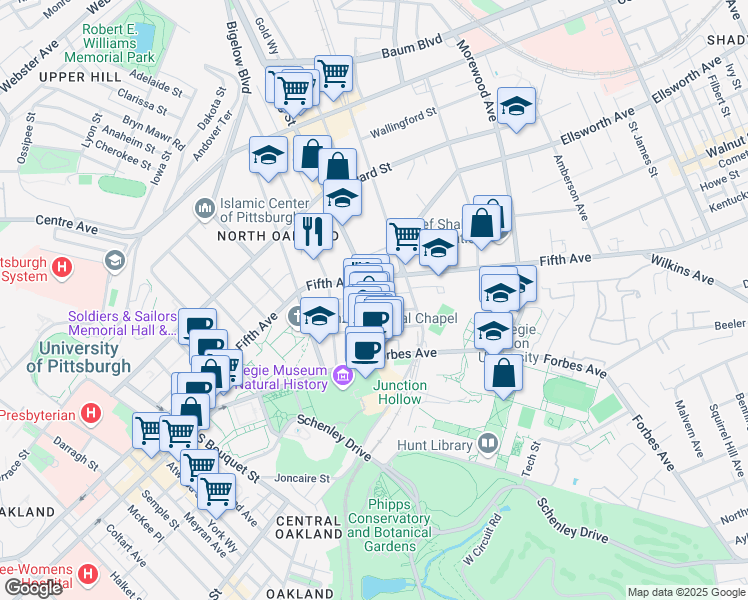 map of restaurants, bars, coffee shops, grocery stores, and more near 209 South Craig Street in Pittsburgh